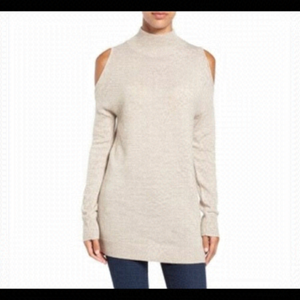 NWT-Halogen Alpaca & Wool Blend Mock Neck Cold Shoulder Cream Sweater